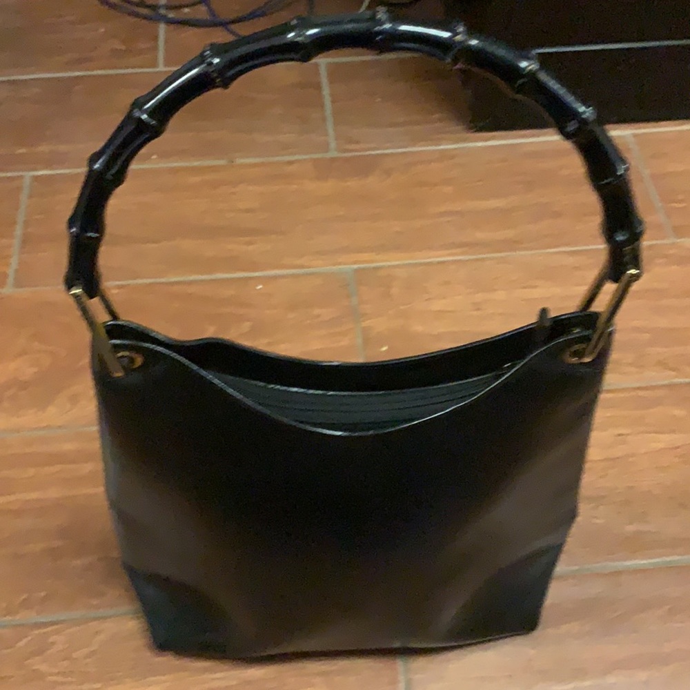 vintage GUCCI black calfskin leather‎ Bamboo handle shoulder hobo tote bag - Picture 7 of 12